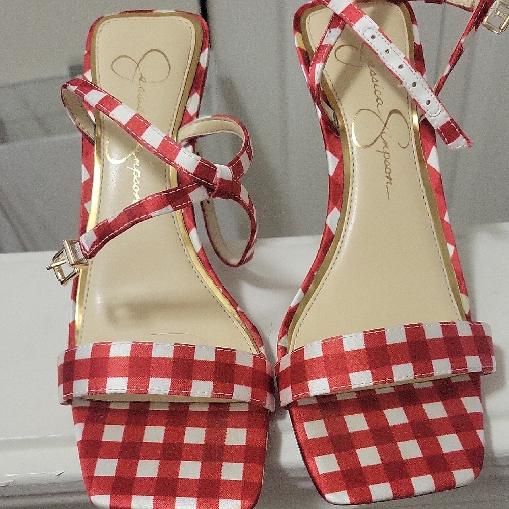 Jessica Simpson Red and White Gingham Ankle Strap Heels